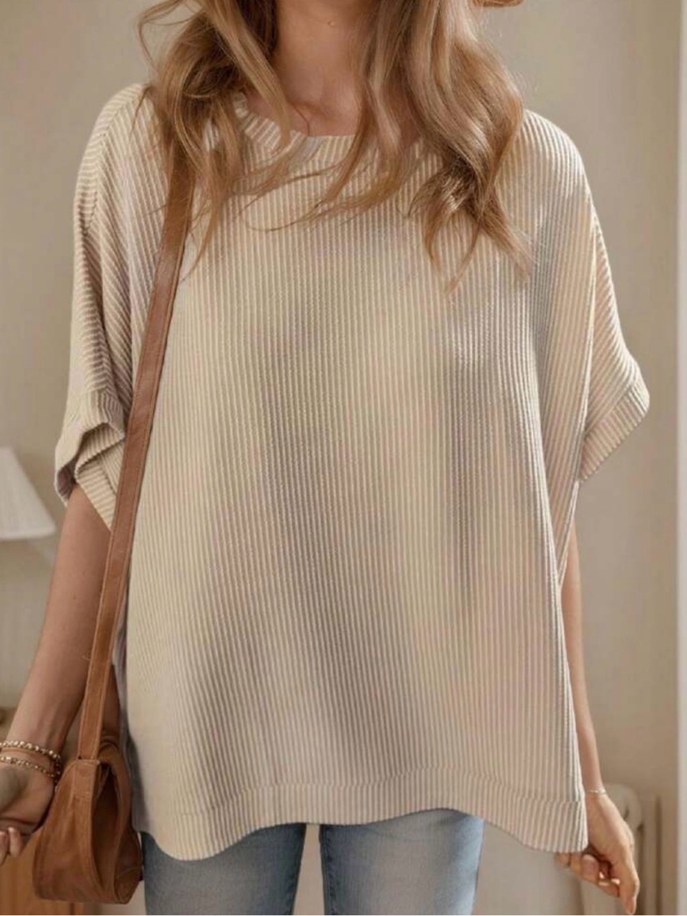 SHEIN Oversized Ribbed Short Sleeve Tunic in Beige